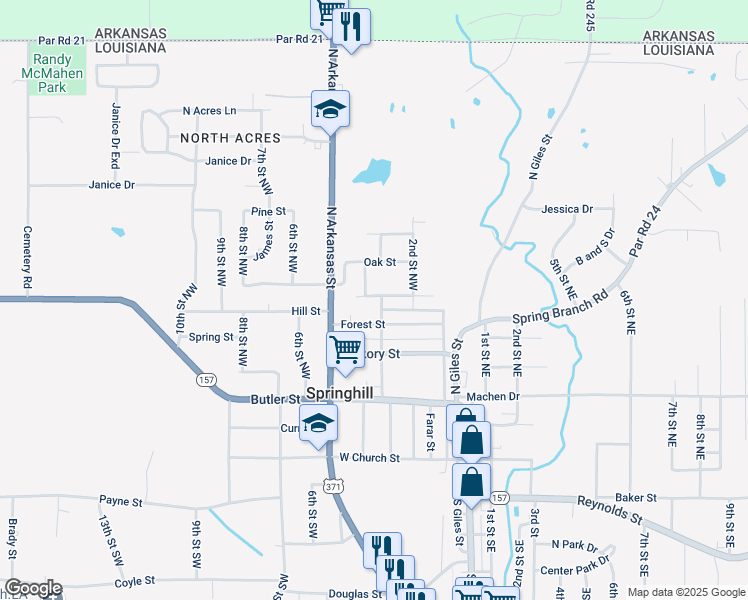map of restaurants, bars, coffee shops, grocery stores, and more near 300 Forest Street in Springhill