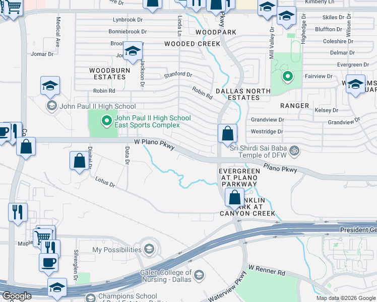 map of restaurants, bars, coffee shops, grocery stores, and more near 3039 West Plano Parkway in Plano