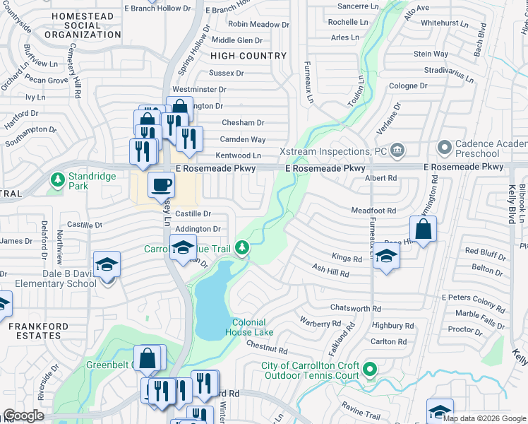 map of restaurants, bars, coffee shops, grocery stores, and more near 1956 Rambling Ridge Lane in Carrollton