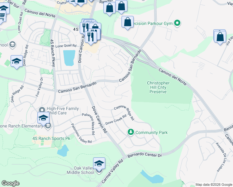 map of restaurants, bars, coffee shops, grocery stores, and more near 10735 Santa Tomasa Avenue in San Diego