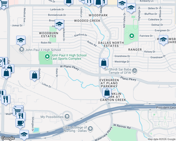 map of restaurants, bars, coffee shops, grocery stores, and more near 3039 West Plano Parkway in Plano