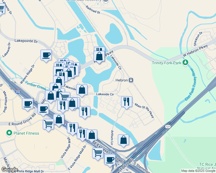 map of restaurants, bars, coffee shops, grocery stores, and more near 901 Lakeside Circle in Lewisville