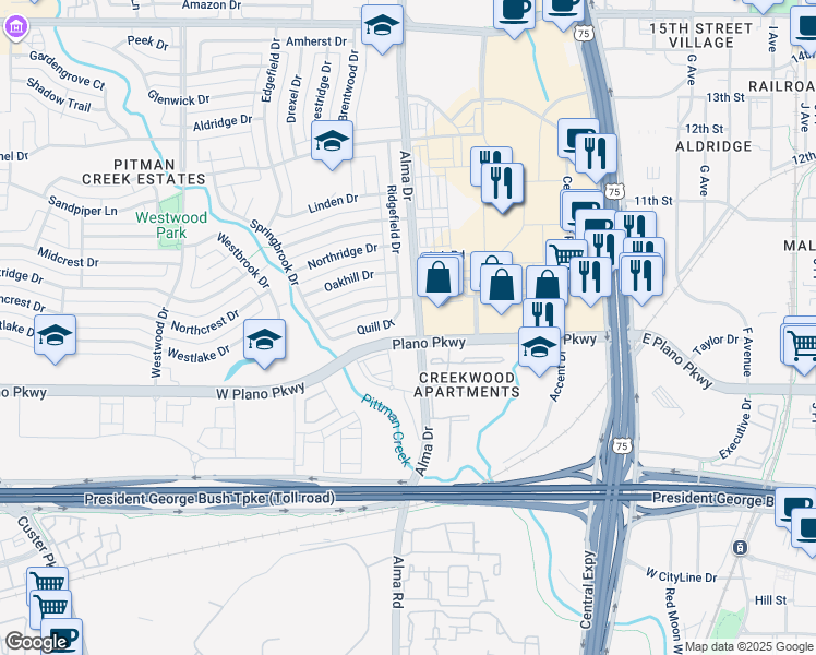 map of restaurants, bars, coffee shops, grocery stores, and more near 700 Alma Drive in Plano
