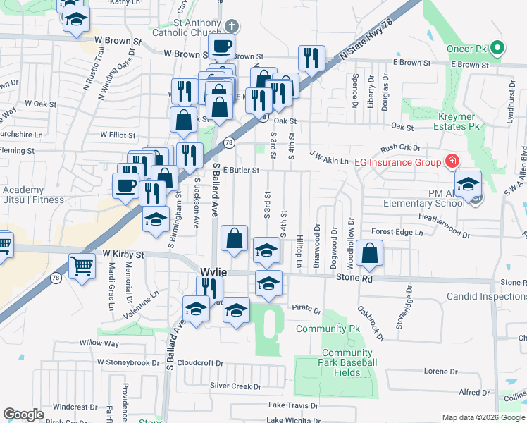 map of restaurants, bars, coffee shops, grocery stores, and more near 320 South 3rd Street in Wylie