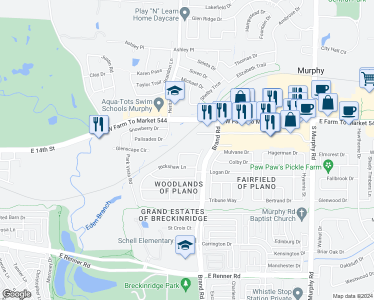 map of restaurants, bars, coffee shops, grocery stores, and more near 5713 Gerber Terrace in Plano