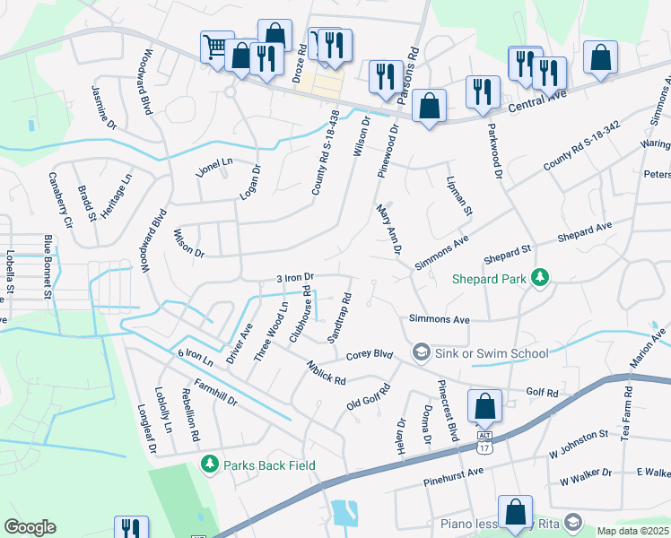 map of restaurants, bars, coffee shops, grocery stores, and more near 211 3 Iron Drive in Summerville