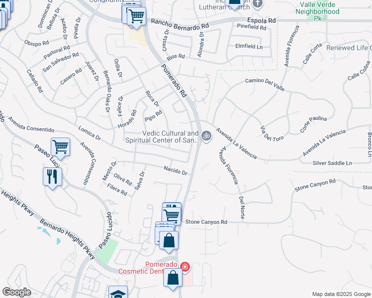 map of restaurants, bars, coffee shops, grocery stores, and more near 12640 Mantilla Road in San Diego