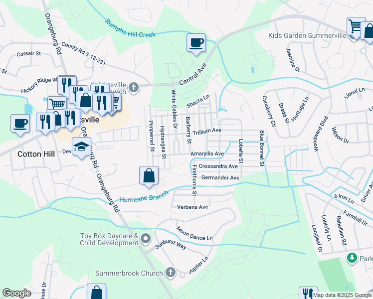 map of restaurants, bars, coffee shops, grocery stores, and more near 325 White Gables Drive in Summerville