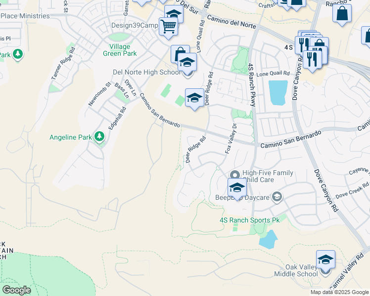 map of restaurants, bars, coffee shops, grocery stores, and more near 16308 Deer Ridge Road in San Diego
