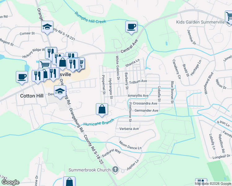 map of restaurants, bars, coffee shops, grocery stores, and more near 317 Hydrangea Street in Summerville