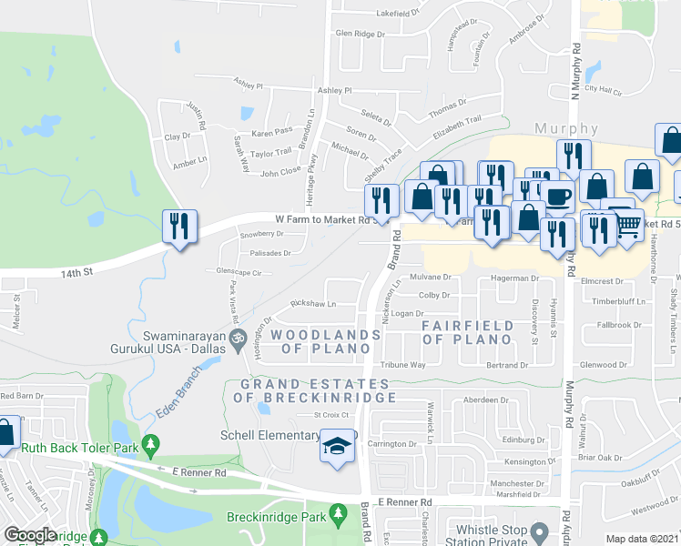 map of restaurants, bars, coffee shops, grocery stores, and more near 5704 Gerber Terrace in Plano