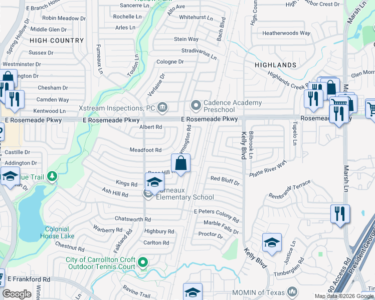 map of restaurants, bars, coffee shops, grocery stores, and more near 2100 Courtland Circle in Carrollton