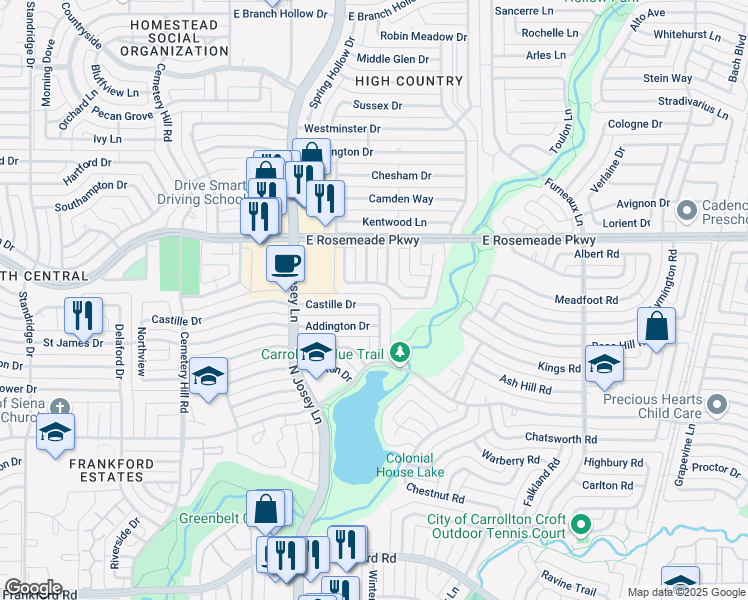 map of restaurants, bars, coffee shops, grocery stores, and more near 1924 Castille Drive in Carrollton