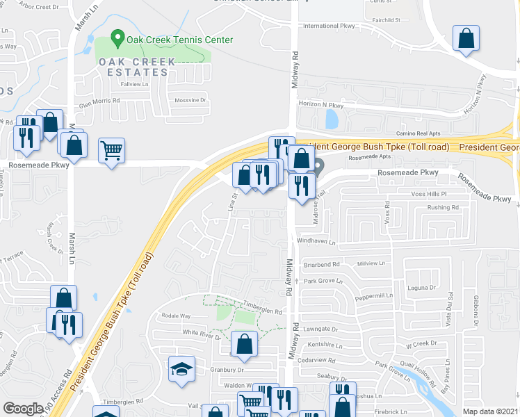 map of restaurants, bars, coffee shops, grocery stores, and more near 18800 Lina Street in Dallas