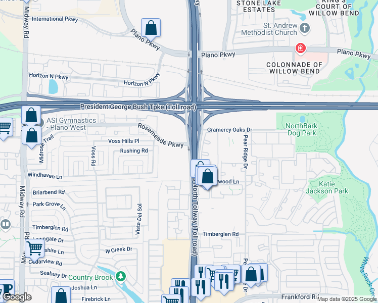 map of restaurants, bars, coffee shops, grocery stores, and more near 18921 Dallas Parkway in Dallas