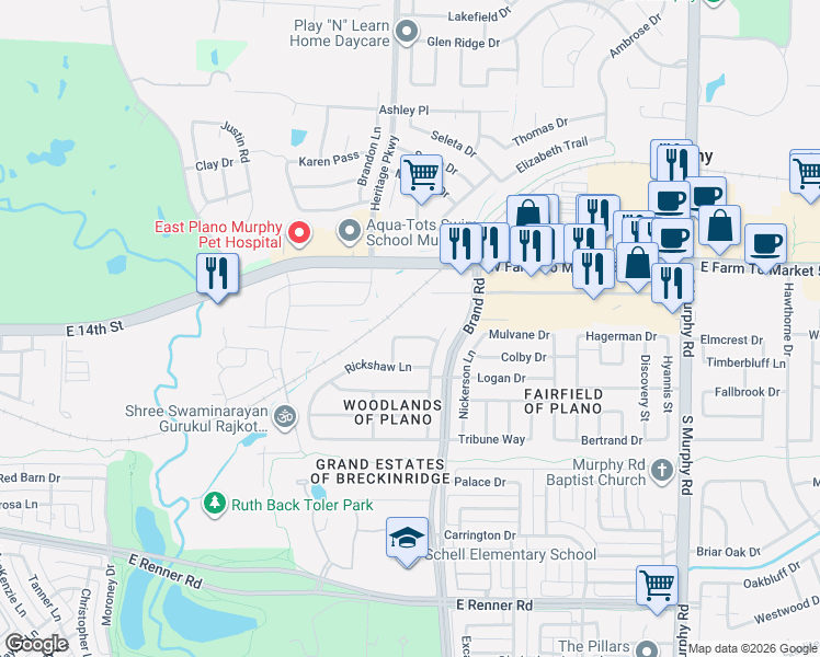 map of restaurants, bars, coffee shops, grocery stores, and more near 5704 Gerber Terrace in Plano