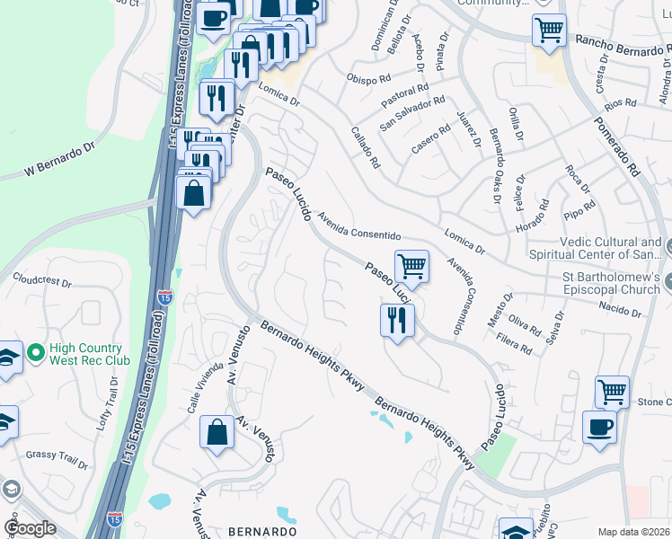 map of restaurants, bars, coffee shops, grocery stores, and more near 12135 Caddy Row in San Diego