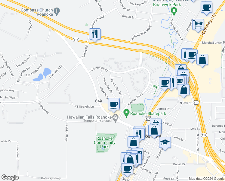 map of restaurants, bars, coffee shops, grocery stores, and more near 1224 Riverside Road in Roanoke