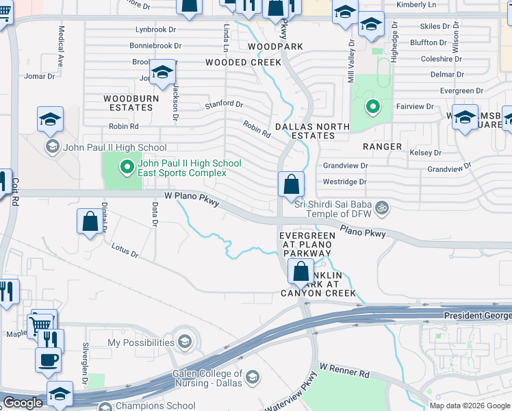 map of restaurants, bars, coffee shops, grocery stores, and more near 2940 Galveston street in Plano