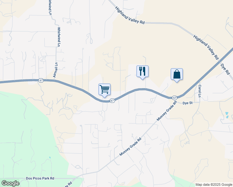 map of restaurants, bars, coffee shops, grocery stores, and more near 17744 California 67 in Ramona