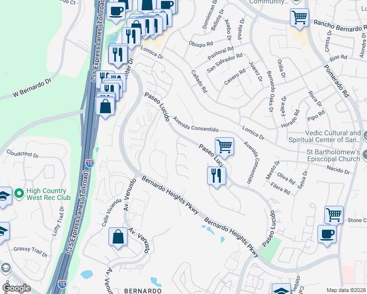 map of restaurants, bars, coffee shops, grocery stores, and more near 12135 Caddy Row in San Diego