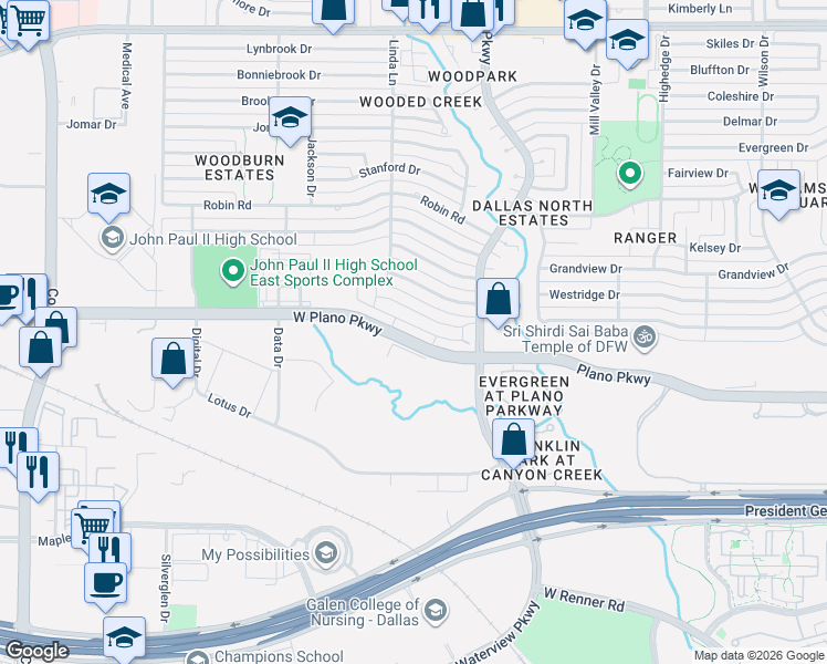 map of restaurants, bars, coffee shops, grocery stores, and more near 3039 West Plano Parkway in Plano