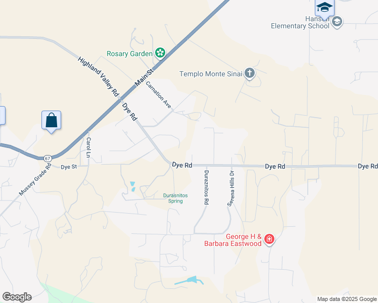 map of restaurants, bars, coffee shops, grocery stores, and more near 3113 Dye Road in Ramona