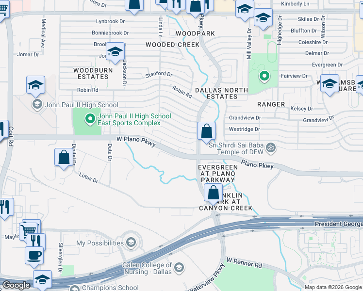 map of restaurants, bars, coffee shops, grocery stores, and more near 2940 Galveston street in Plano