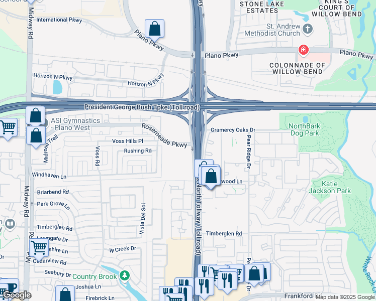 map of restaurants, bars, coffee shops, grocery stores, and more near 18829-18921 Dallas Parkway in Dallas