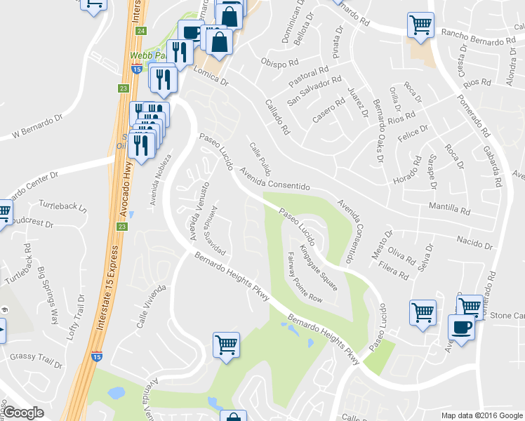 map of restaurants, bars, coffee shops, grocery stores, and more near 12172 Caddy Row in San Diego