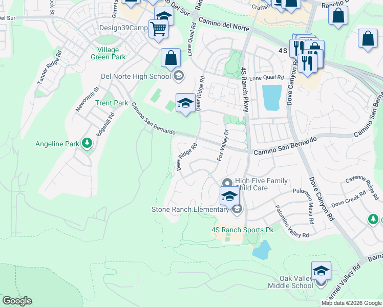 map of restaurants, bars, coffee shops, grocery stores, and more near 16357 Deer Ridge Road in San Diego