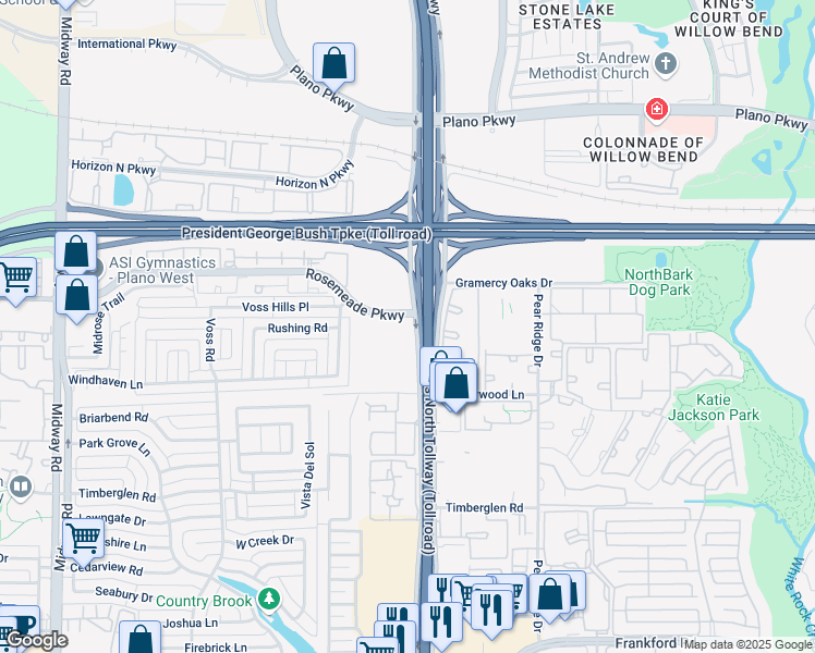 map of restaurants, bars, coffee shops, grocery stores, and more near 19111 Dallas Parkway in Dallas