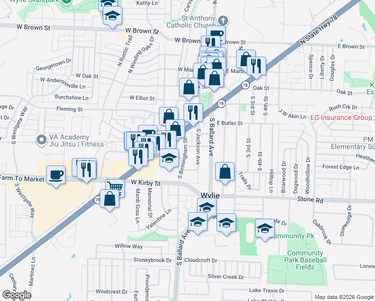 map of restaurants, bars, coffee shops, grocery stores, and more near 509 South Birmingham Street in Wylie