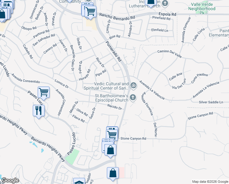 map of restaurants, bars, coffee shops, grocery stores, and more near 12609 Mantilla Road in San Diego