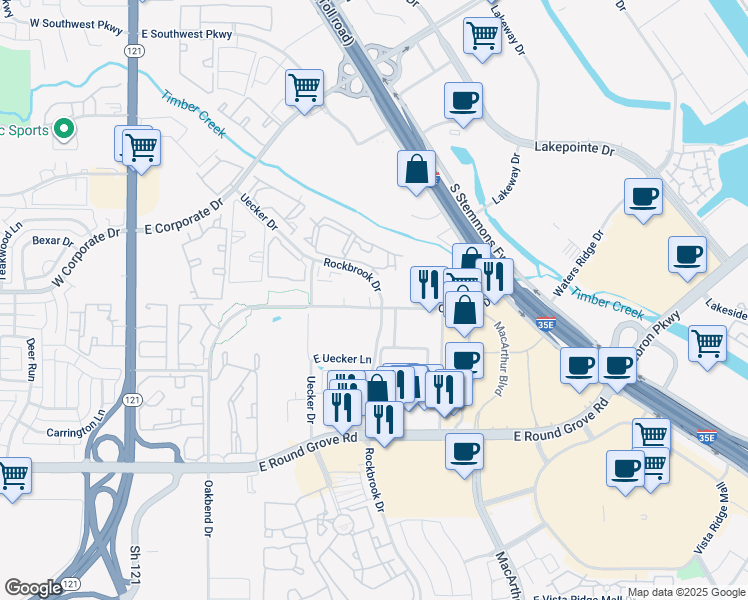 map of restaurants, bars, coffee shops, grocery stores, and more near 352 Oakbend Drive in Lewisville