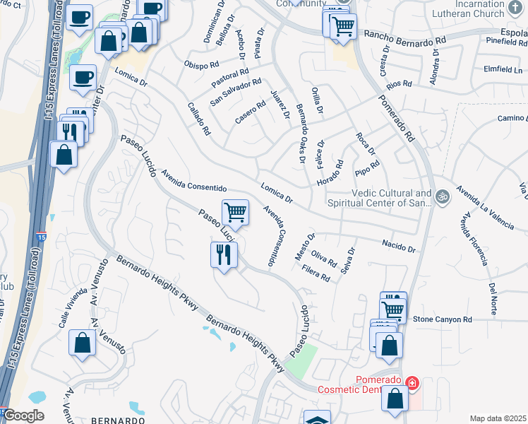 map of restaurants, bars, coffee shops, grocery stores, and more near 12257 Avenida Consentido in San Diego