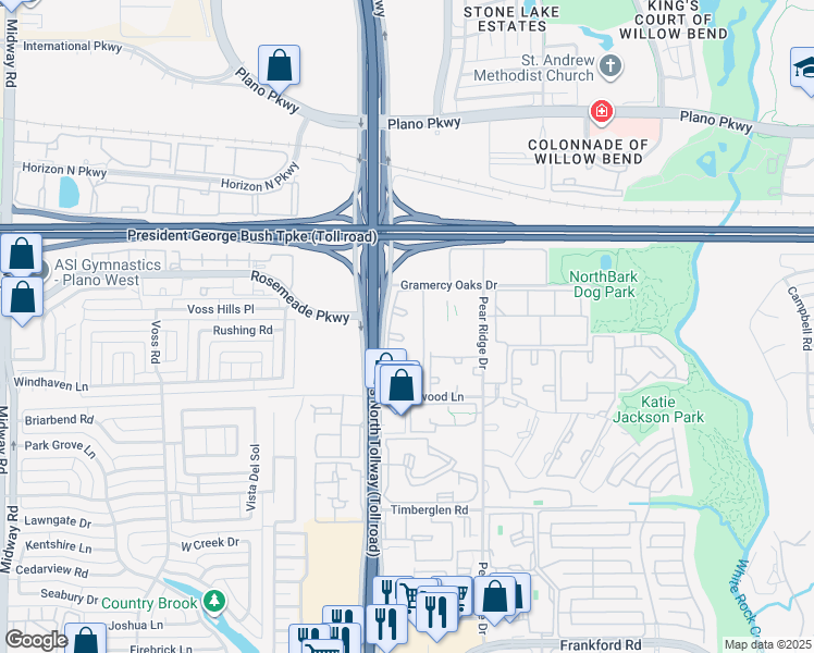 map of restaurants, bars, coffee shops, grocery stores, and more near 19002 Dallas Parkway in Dallas