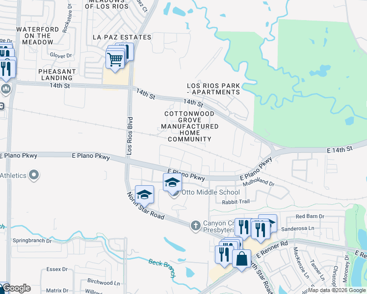 map of restaurants, bars, coffee shops, grocery stores, and more near 4500 Evenstar Way in Plano