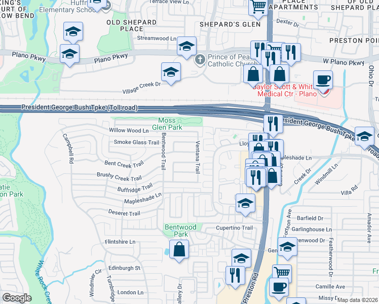 map of restaurants, bars, coffee shops, grocery stores, and more near 6059 Breakpoint Trail in Dallas