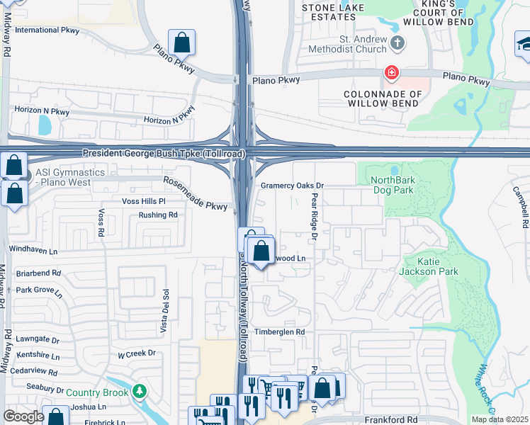 map of restaurants, bars, coffee shops, grocery stores, and more near 19002 Dallas Parkway in Dallas