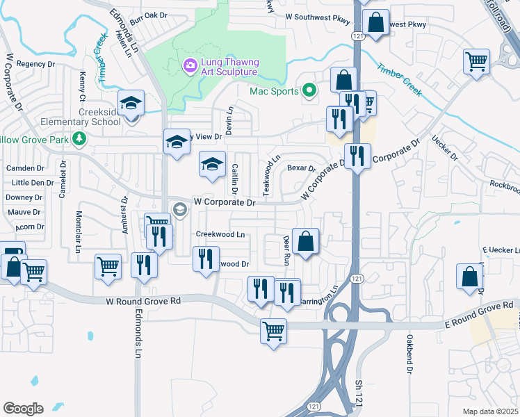 map of restaurants, bars, coffee shops, grocery stores, and more near 332 West Corporate Drive in Lewisville