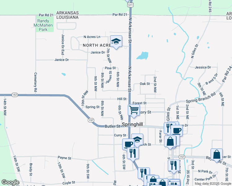 map of restaurants, bars, coffee shops, grocery stores, and more near 604 Hill Street in Springhill