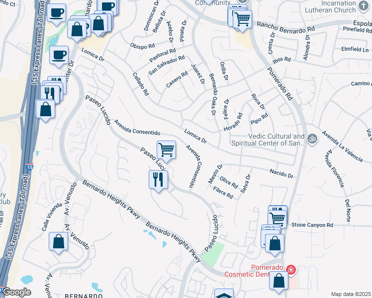map of restaurants, bars, coffee shops, grocery stores, and more near 12257 Avenida Consentido in San Diego