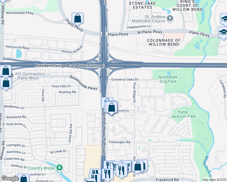 map of restaurants, bars, coffee shops, grocery stores, and more near 19002 Dallas Parkway in Dallas