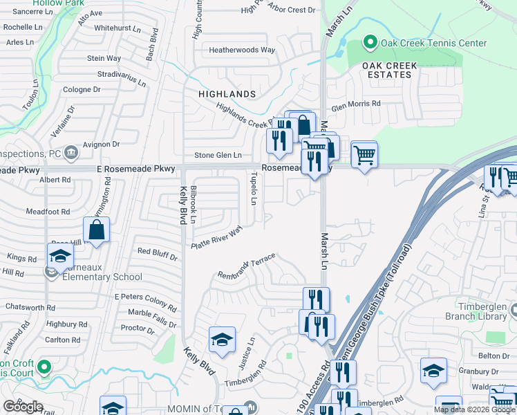 map of restaurants, bars, coffee shops, grocery stores, and more near 18826 Tupelo Lane in Dallas