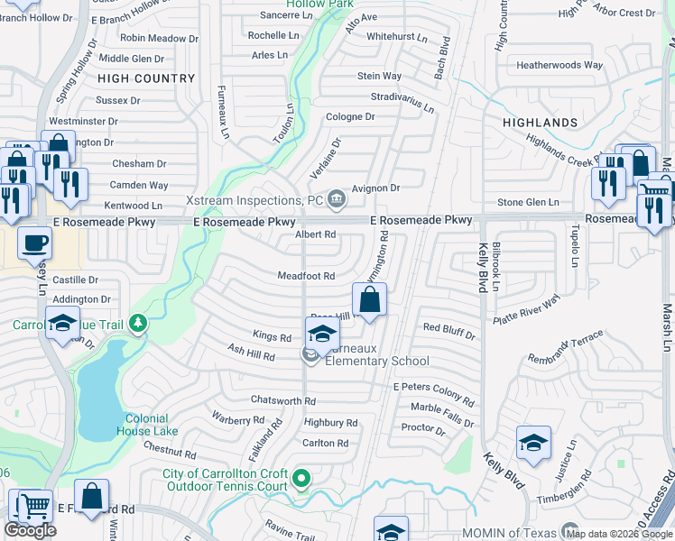 map of restaurants, bars, coffee shops, grocery stores, and more near 2112 Meadfoot Road in Carrollton