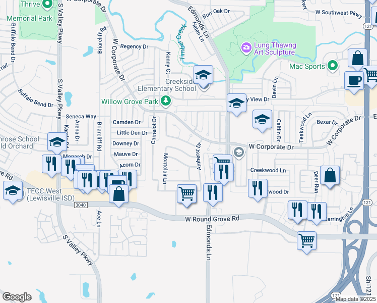 map of restaurants, bars, coffee shops, grocery stores, and more near 916 Plantation Drive in Lewisville