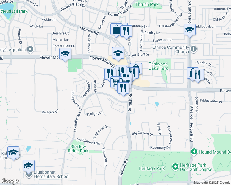 map of restaurants, bars, coffee shops, grocery stores, and more near 1101 Flower Mound Road in Flower Mound