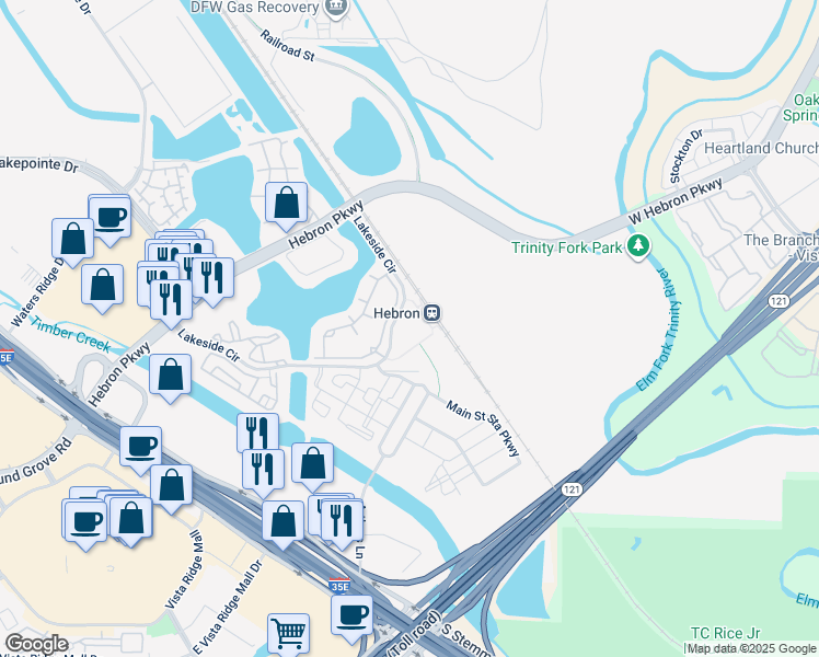 map of restaurants, bars, coffee shops, grocery stores, and more near 952 Lakeside Circle in Lewisville