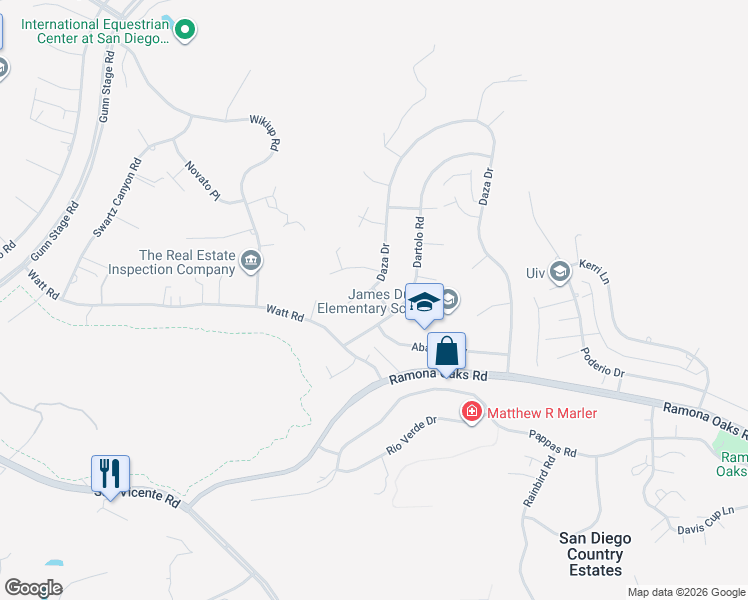 map of restaurants, bars, coffee shops, grocery stores, and more near 24763 Leada Way in Ramona